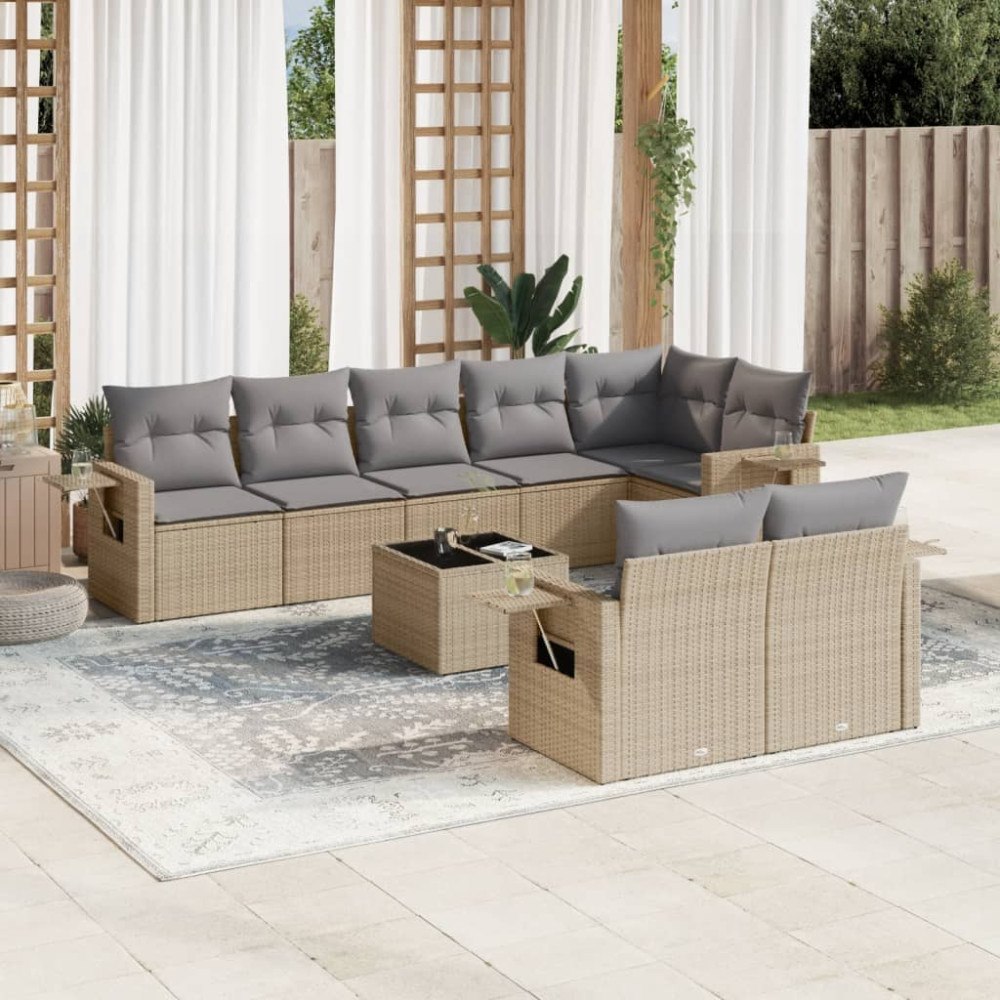 vidaXL Soffgrupp för trädgården med dynor 9 delar beige konstrotting
