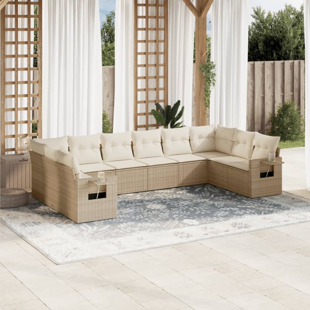 vidaXL Soffgrupp för trädgård med dynor 10 delar beige konstrotting
