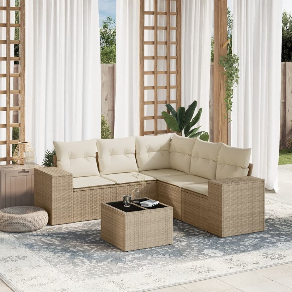 vidaXL Soffgrupp för trädgården med dynor 6 delar beige konstrotting
