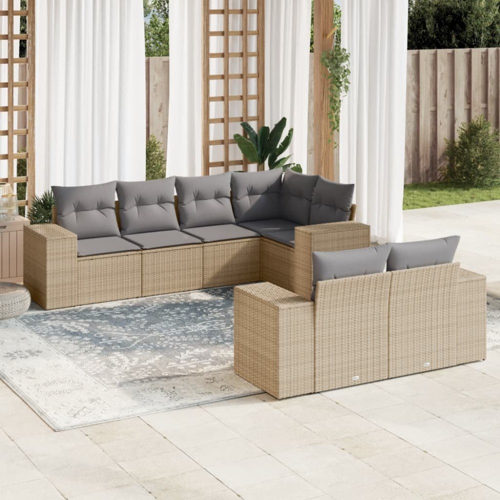vidaXL Matgrupp för trädgården med dynor 7 delar beige konstrotting