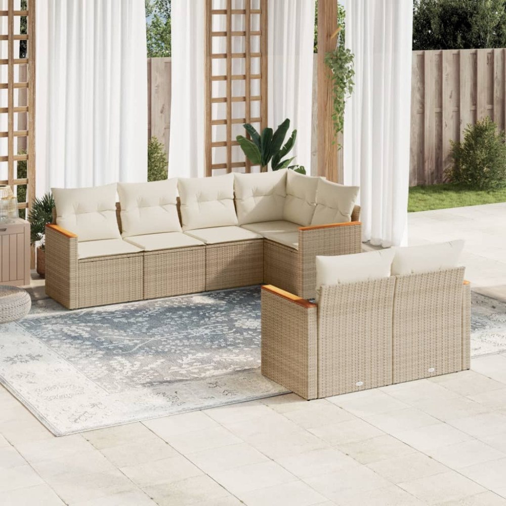 vidaXL Matgrupp för trädgården med dynor 7 delar beige konstrotting