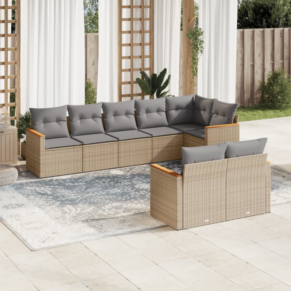 vidaXL Matgrupp för trädgården med dynor 8 delar beige konstrotting