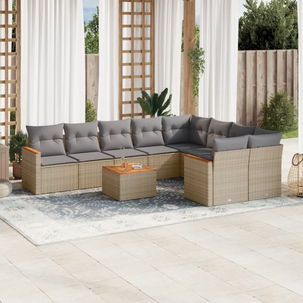 vidaXL Soffgrupp för trädgård med dynor 10 delar beige konstrotting