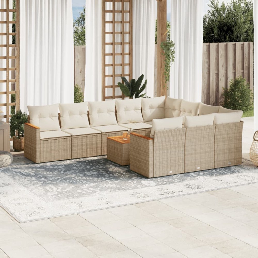 vidaXL Loungegrupp för trädgården m. dynor 11 delar beige konstrotting