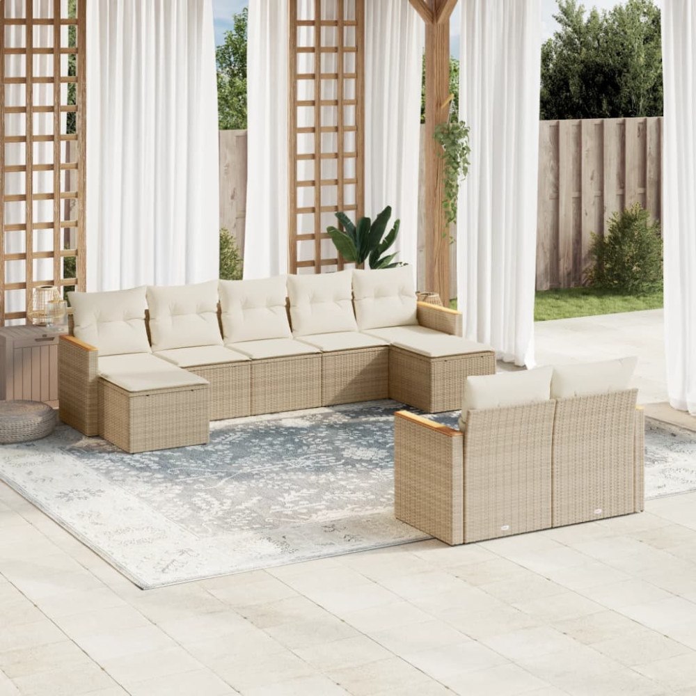 vidaXL Soffgrupp för trädgården med dynor 9 delar beige konstrotting