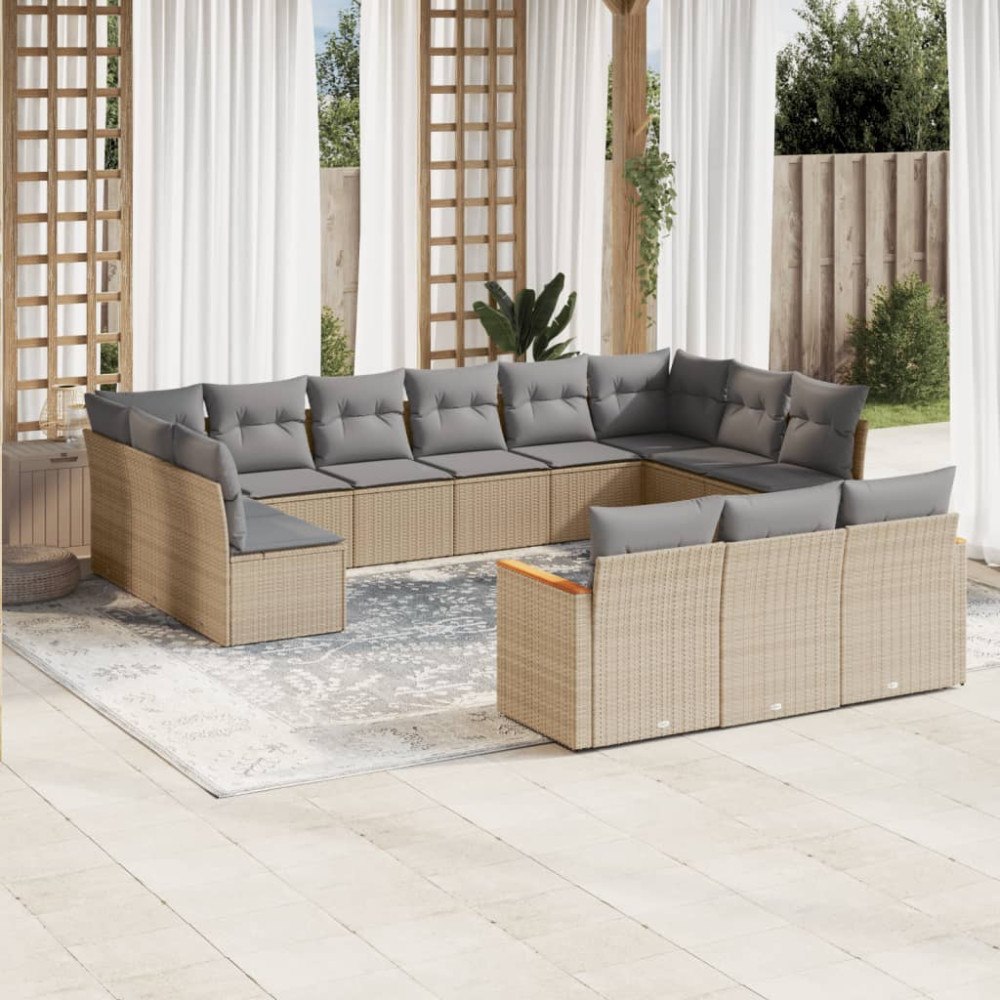 vidaXL Soffgrupp för trädgården med dynor 13 delar beige konstrotting