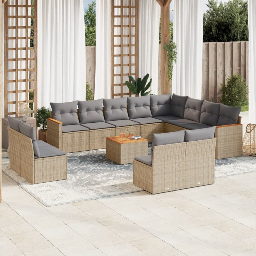 vidaXL Soffgrupp för trädgården med dynor 13 delar beige konstrotting