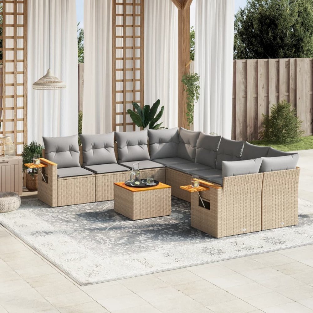 vidaXL Soffgrupp för trädgården med dynor 9 delar beige konstrotting