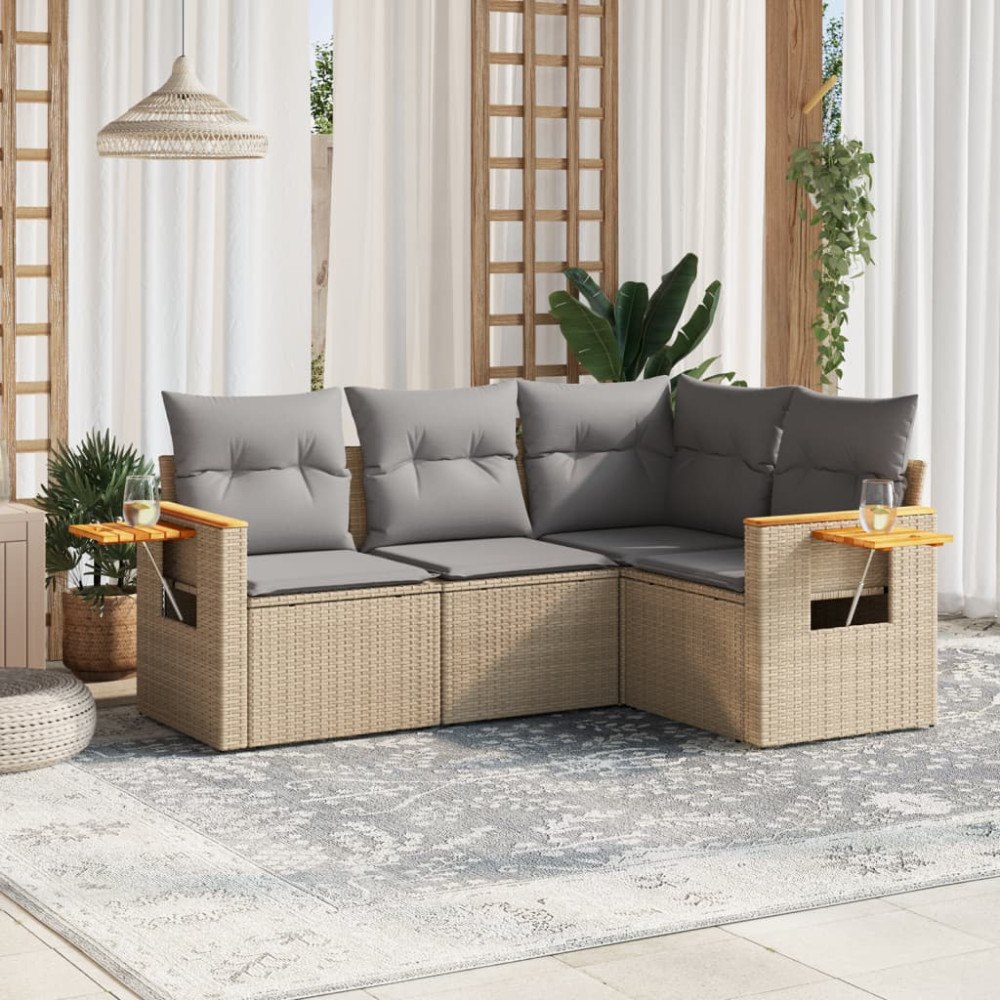 vidaXL Soffgrupp för trädgård med dynor 4 delar beige konstrotting