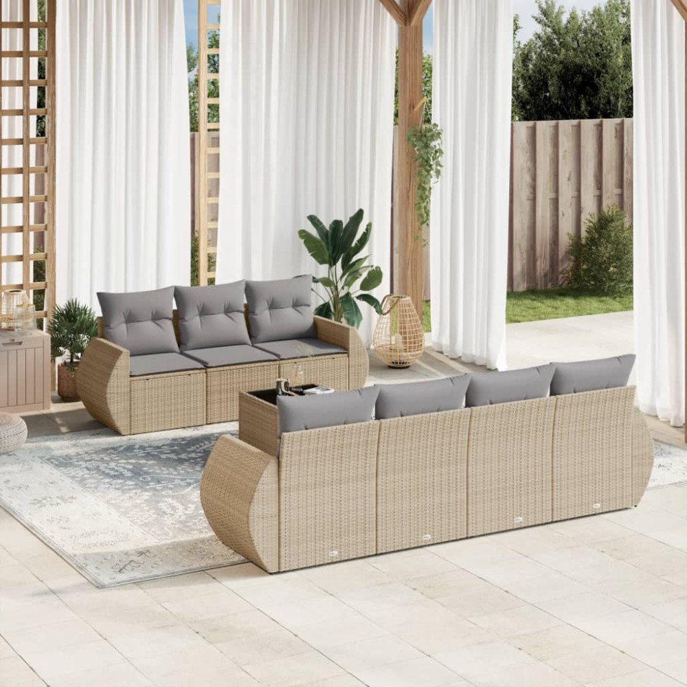 vidaXL Matgrupp för trädgården med dynor 8 delar beige konstrotting