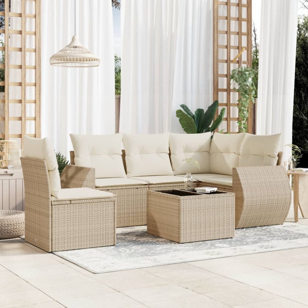 vidaXL Soffgrupp för trädgården med dynor 6 delar beige konstrotting