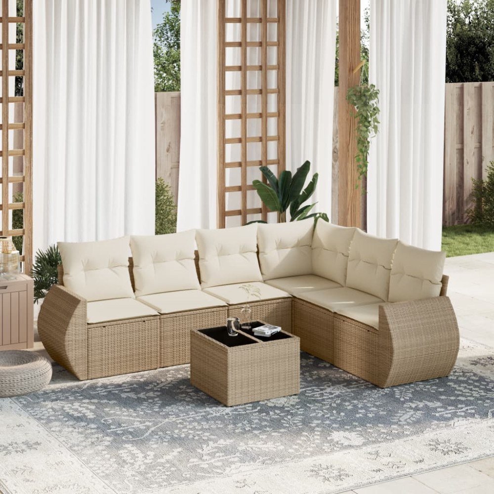 vidaXL Matgrupp för trädgården med dynor 7 delar beige konstrotting