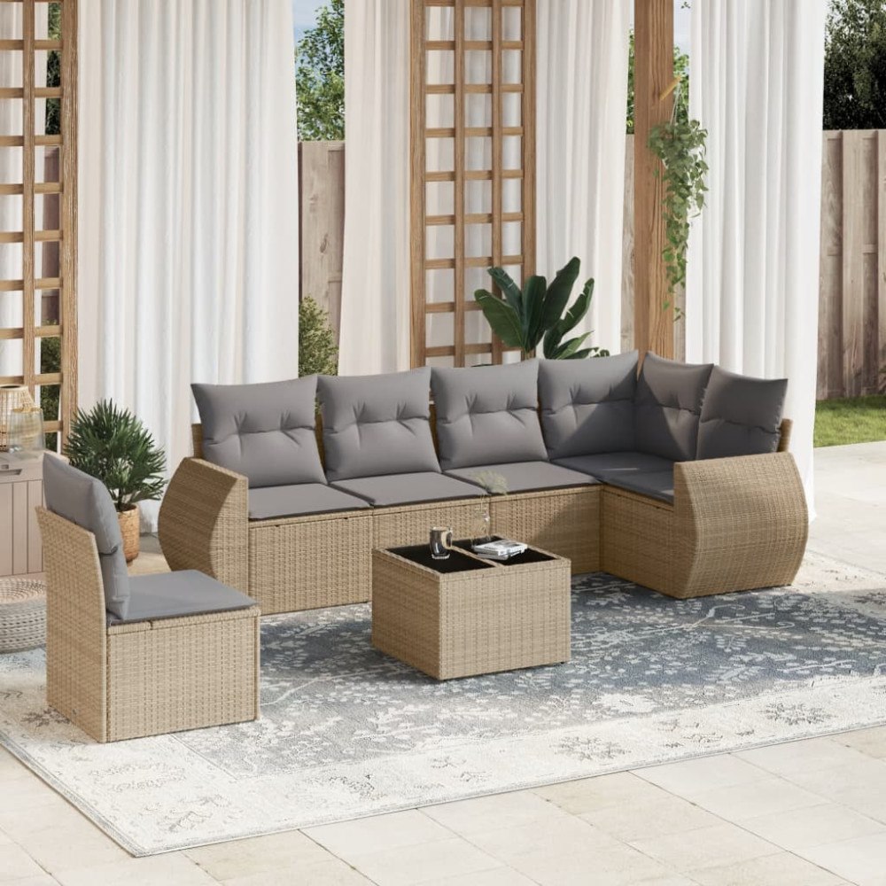 vidaXL Matgrupp för trädgården med dynor 7 delar beige konstrotting