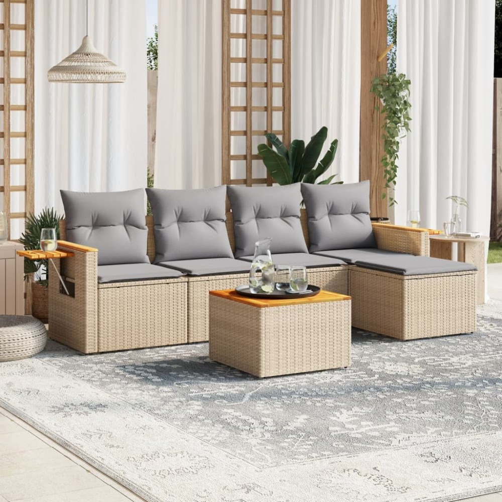 vidaXL Soffgrupp för trädgården med dynor 6 delar beige konstrotting