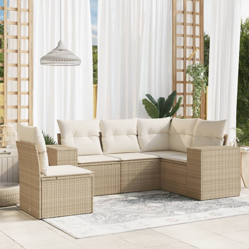 vidaXL Soffgrupp för trädgården med dynor 5 delar beige konstrotting