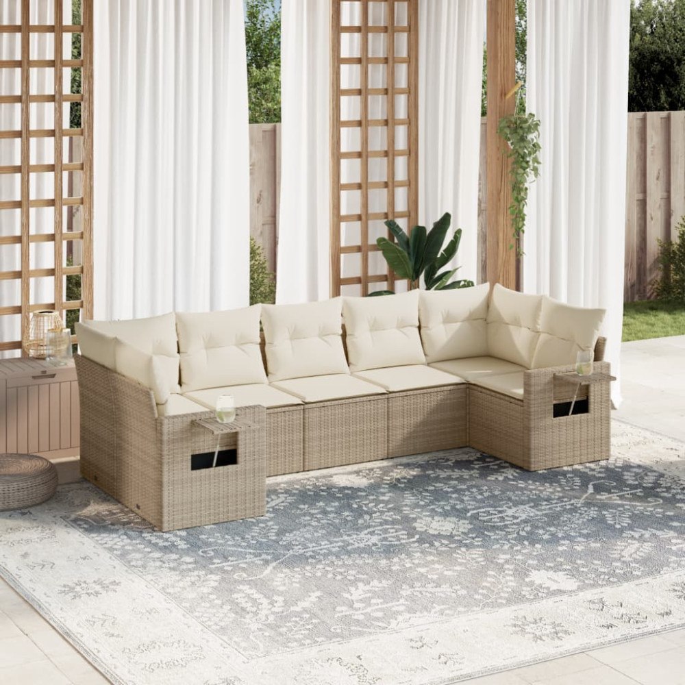 vidaXL Matgrupp för trädgården med dynor 7 delar beige konstrotting