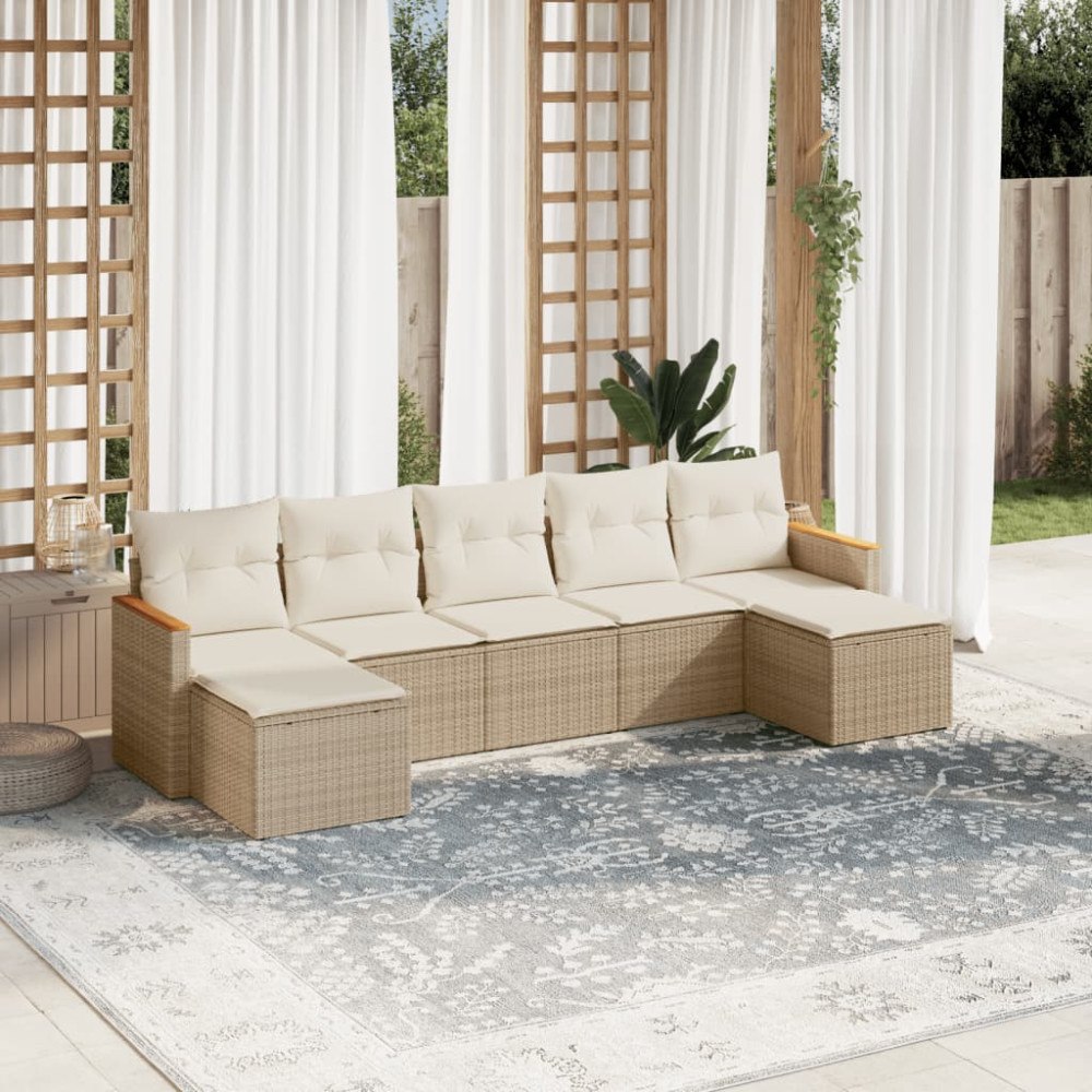 vidaXL Matgrupp för trädgården med dynor 7 delar beige konstrotting