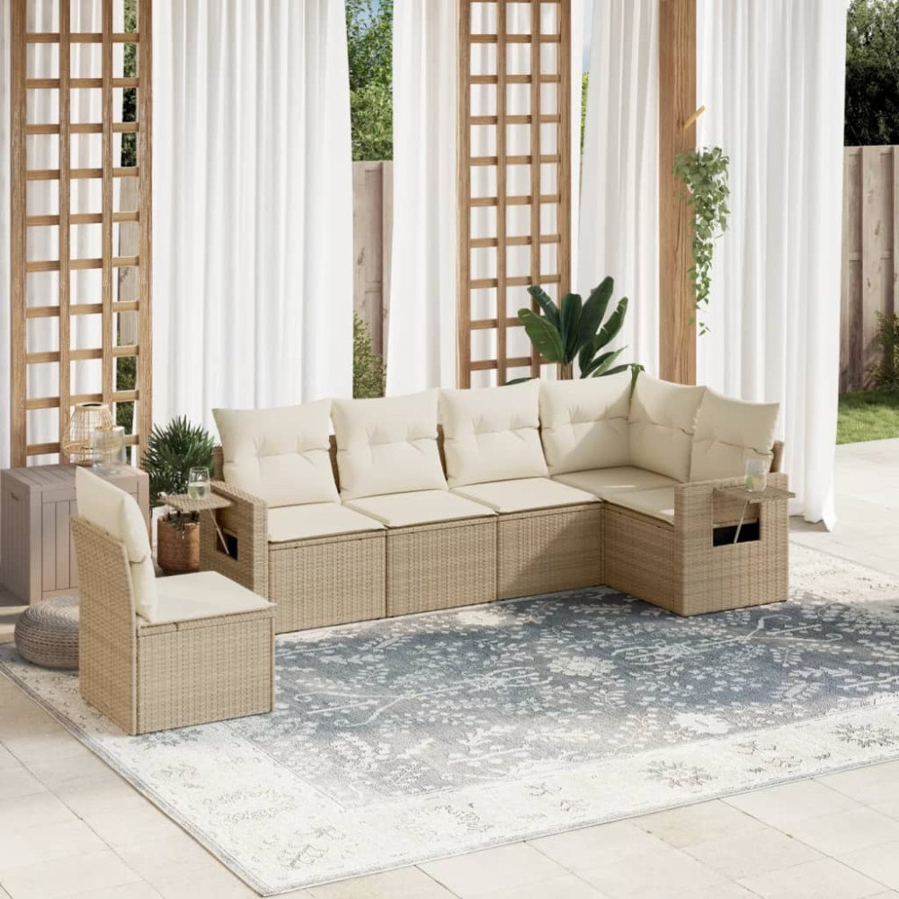 vidaXL Soffgrupp för trädgården med dynor 6 delar beige konstrotting