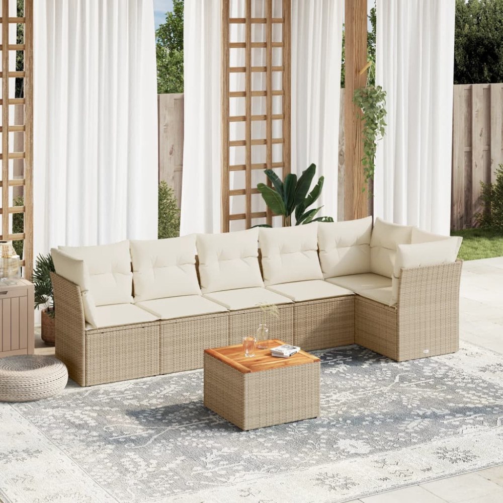 vidaXL Matgrupp för trädgården med dynor 7 delar beige konstrotting