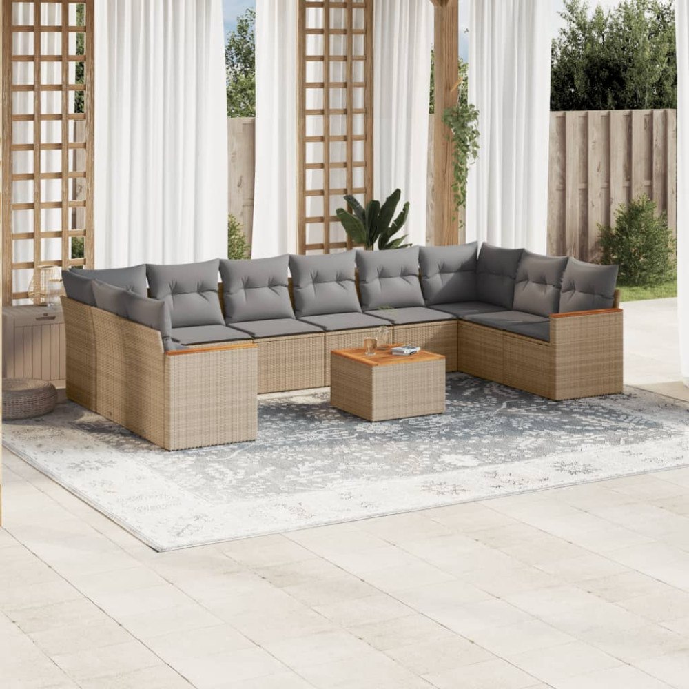 vidaXL Loungegrupp för trädgården m. dynor 11 delar beige konstrotting
