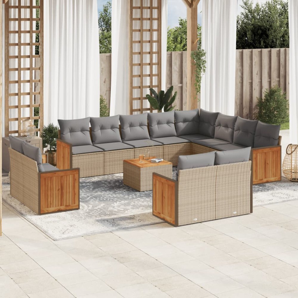 vidaXL Soffgrupp för trädgården med dynor 13 delar beige konstrotting