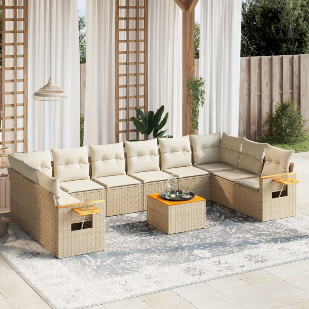 vidaXL Loungegrupp för trädgården m. dynor 11 delar beige konstrotting