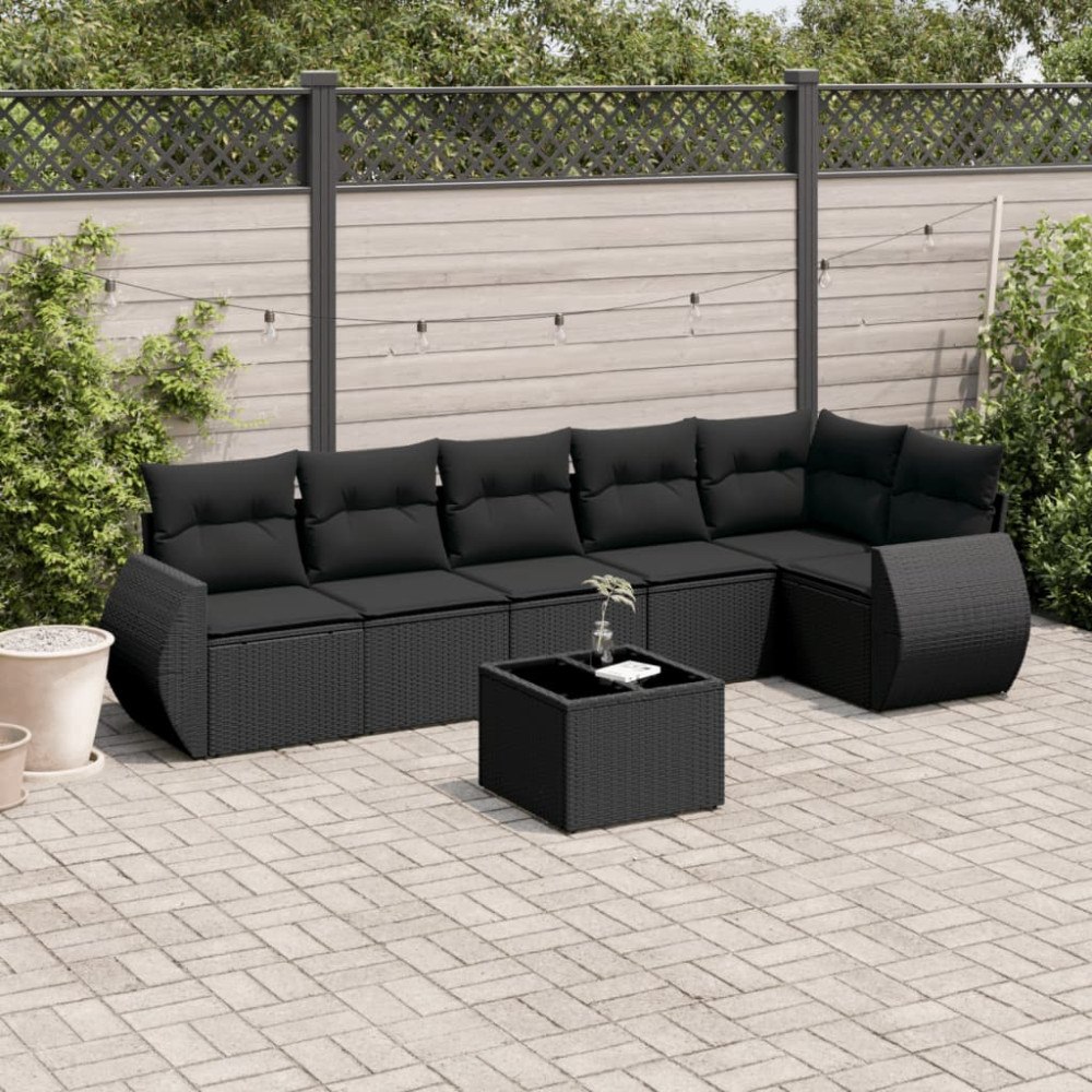 vidaXL Soffgrupp för trädgården med dynor 7 delar svart konstrotting