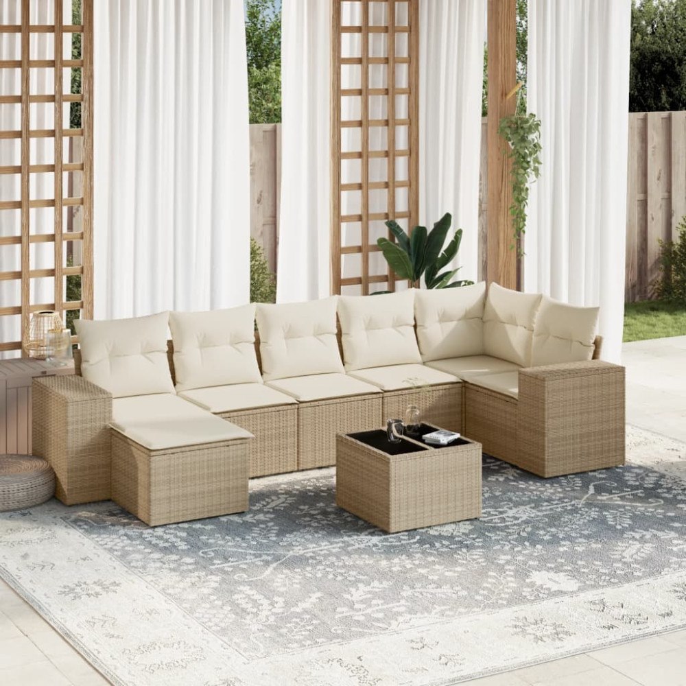 vidaXL Matgrupp för trädgården med dynor 8 delar beige konstrotting