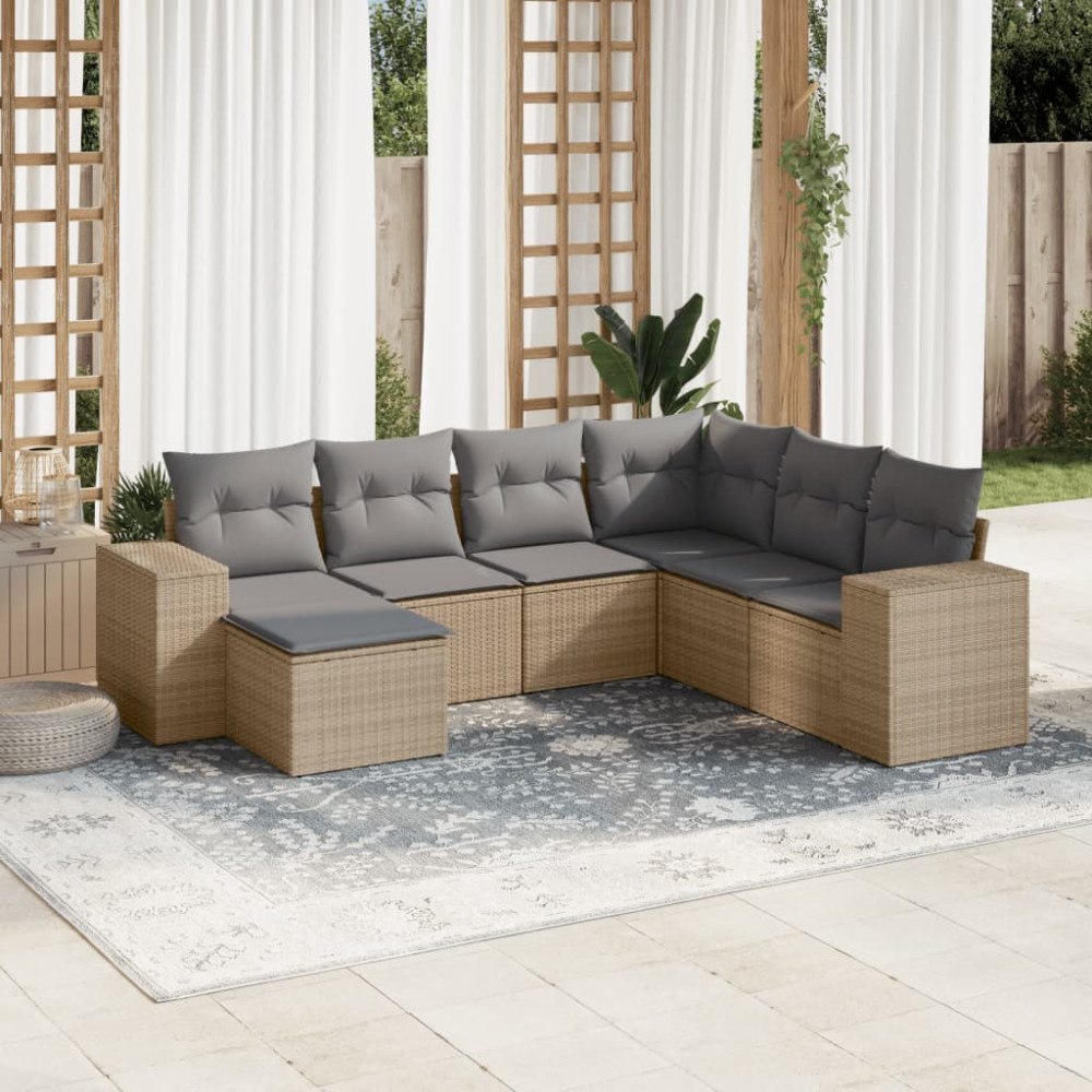 vidaXL Matgrupp för trädgården med dynor 7 delar beige konstrotting