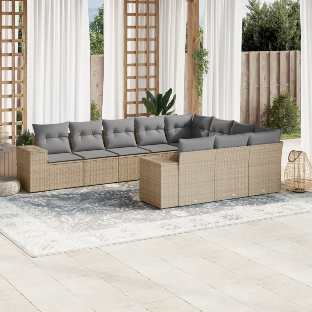 vidaXL Soffgrupp för trädgård med dynor 10 delar beige konstrotting