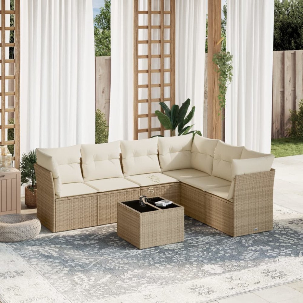 vidaXL Matgrupp för trädgården med dynor 7 delar beige konstrotting