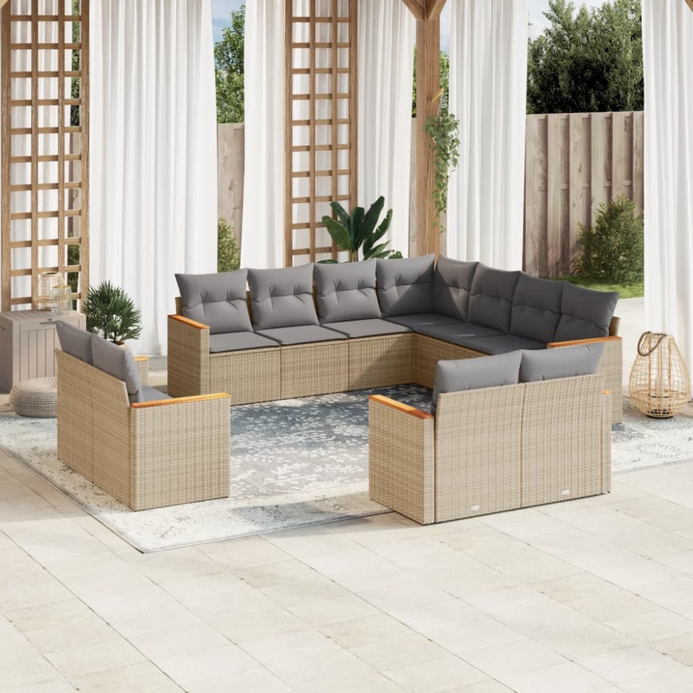 vidaXL Loungegrupp för trädgården m. dynor 11 delar beige konstrotting