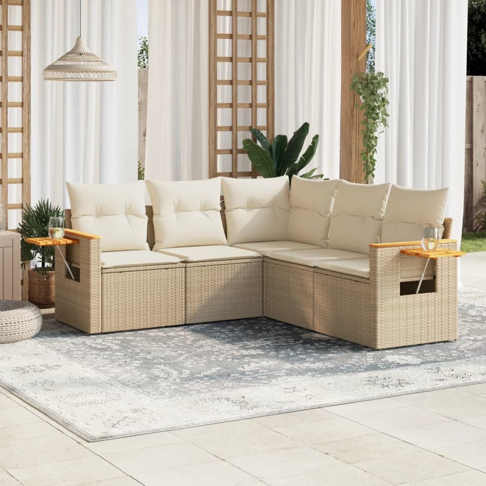 vidaXL Soffgrupp för trädgården med dynor 5 delar beige konstrotting