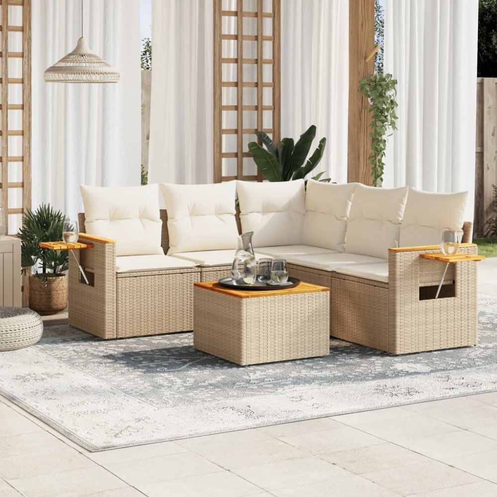 vidaXL Soffgrupp för trädgården med dynor 6 delar beige konstrotting