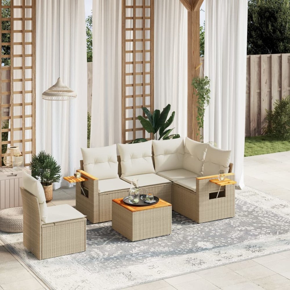 vidaXL Soffgrupp för trädgården med dynor 6 delar beige konstrotting
