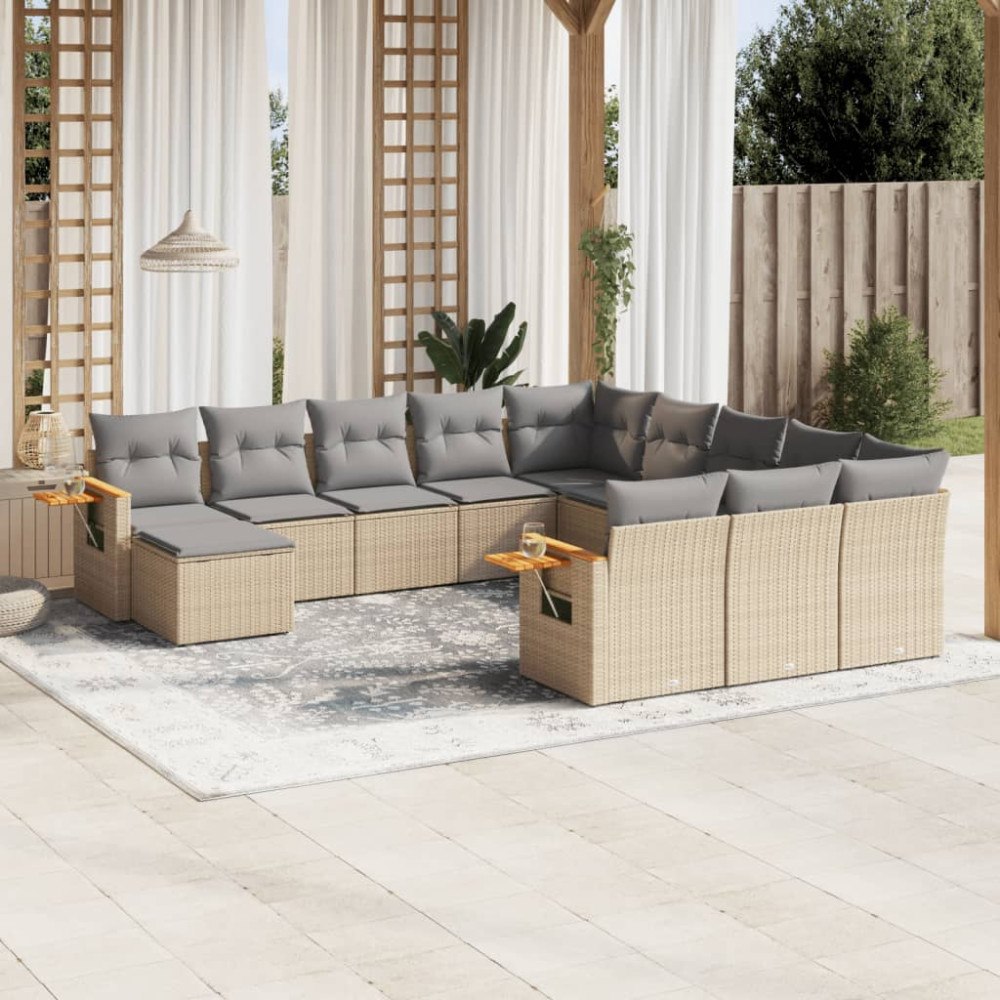 vidaXL Loungegrupp för trädgården m. dynor 11 delar beige konstrotting