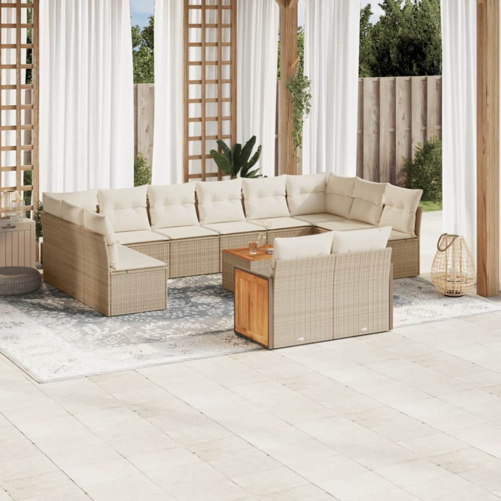 vidaXL Soffgrupp för trädgården med dynor 13 delar beige konstrotting