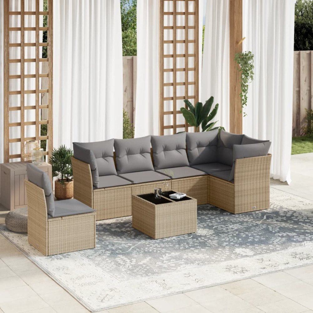 vidaXL Matgrupp för trädgården med dynor 7 delar beige konstrotting