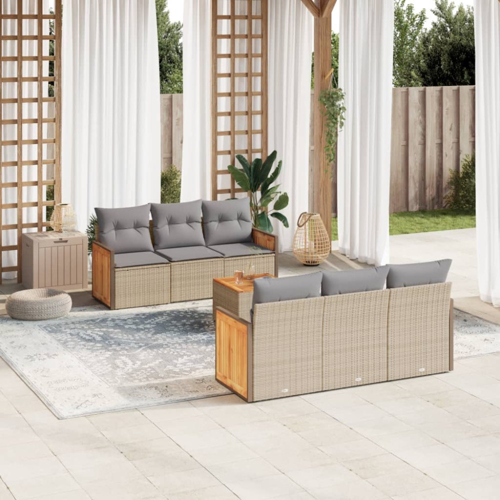 vidaXL Matgrupp för trädgården med dynor 7 delar beige konstrotting