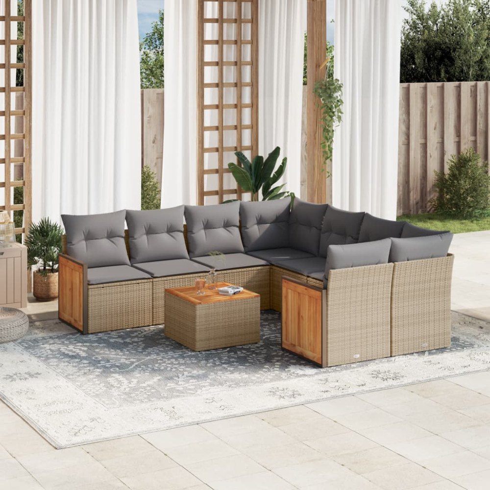 vidaXL Soffgrupp för trädgården med dynor 9 delar beige konstrotting