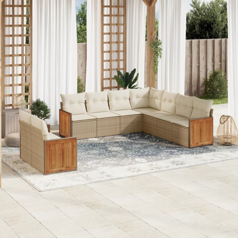vidaXL Soffgrupp för trädgården med dynor 9 delar beige konstrotting