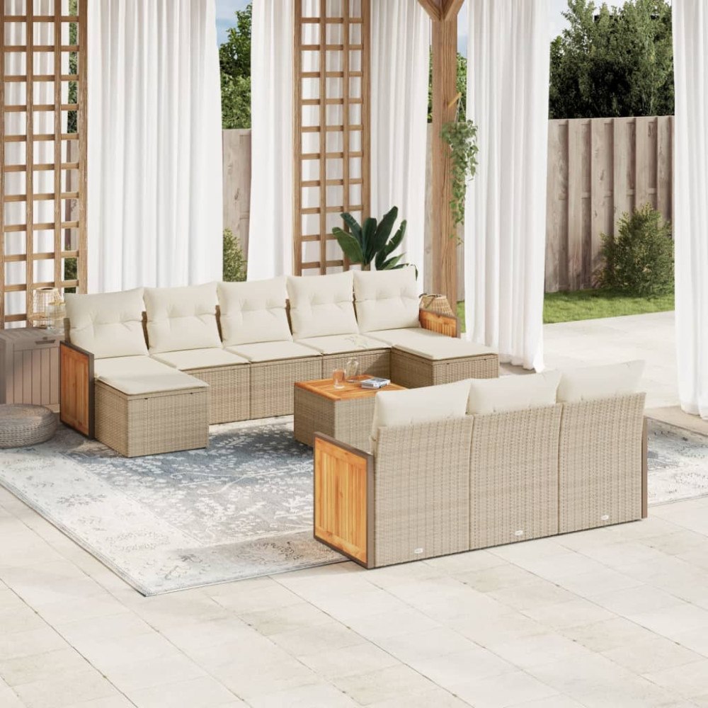 vidaXL Loungegrupp för trädgården m. dynor 11 delar beige konstrotting