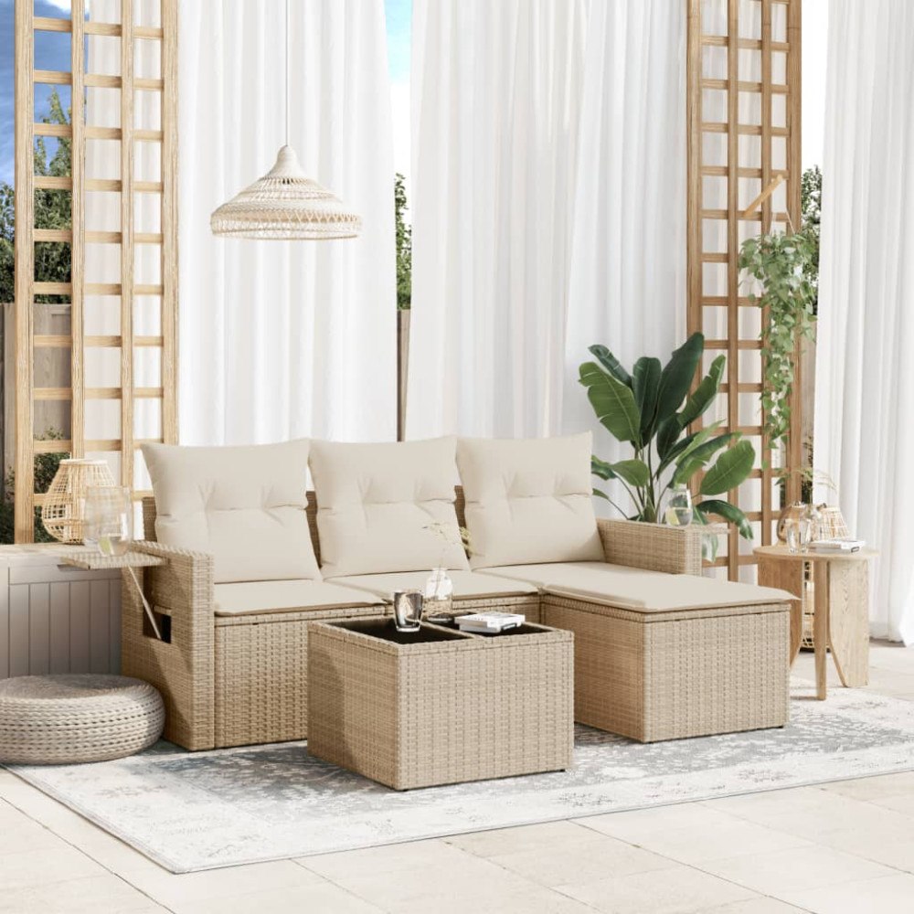 vidaXL Soffgrupp för trädgård med dynor 4 delar beige konstrotting