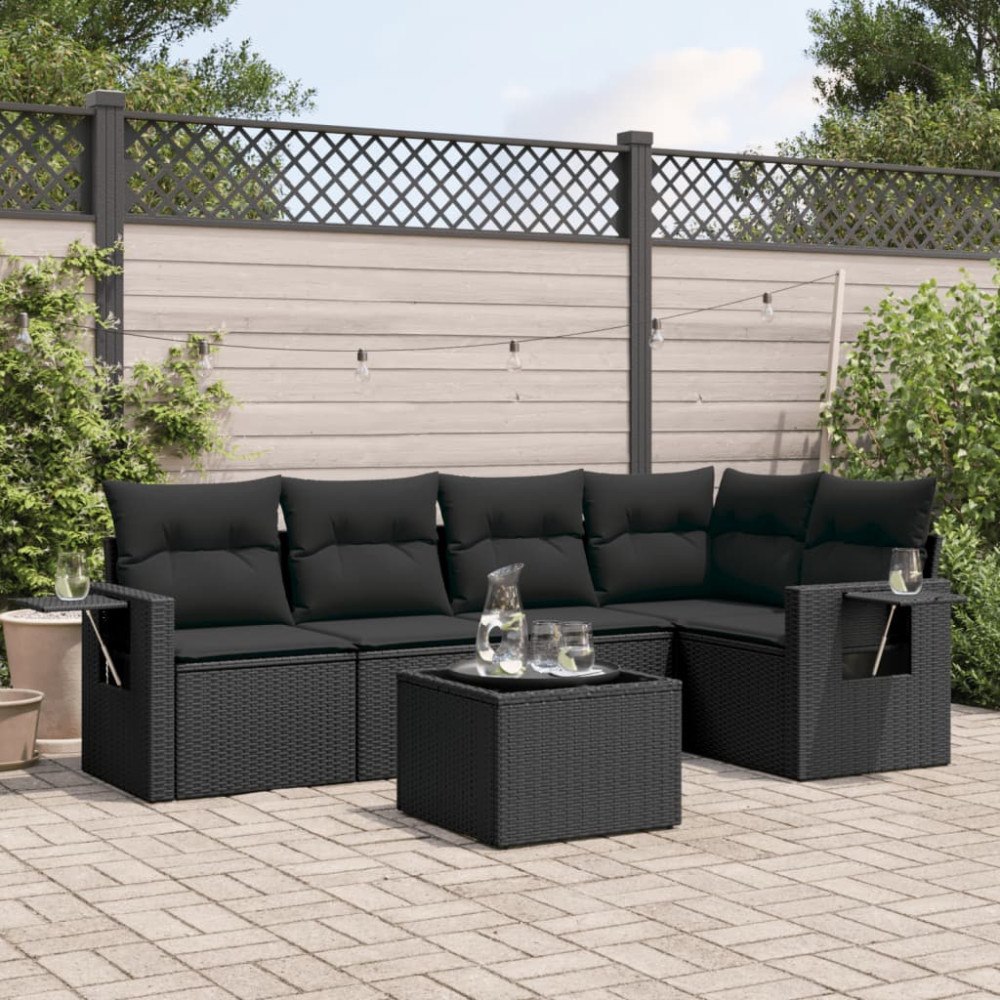 vidaXL Loungegrupp med dynor 6 delar svart konstrotting