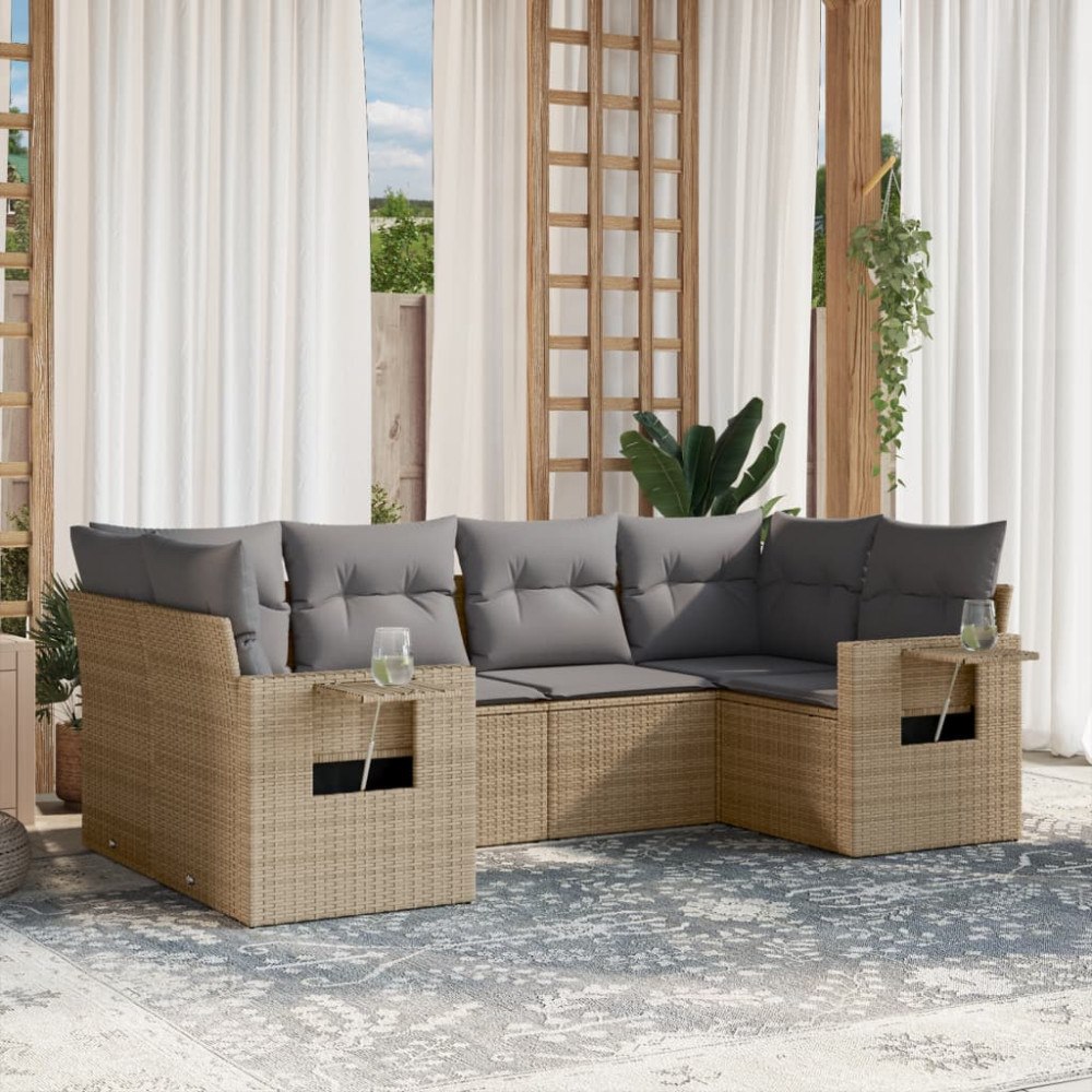 vidaXL Soffgrupp för trädgården med dynor 6 delar beige konstrotting