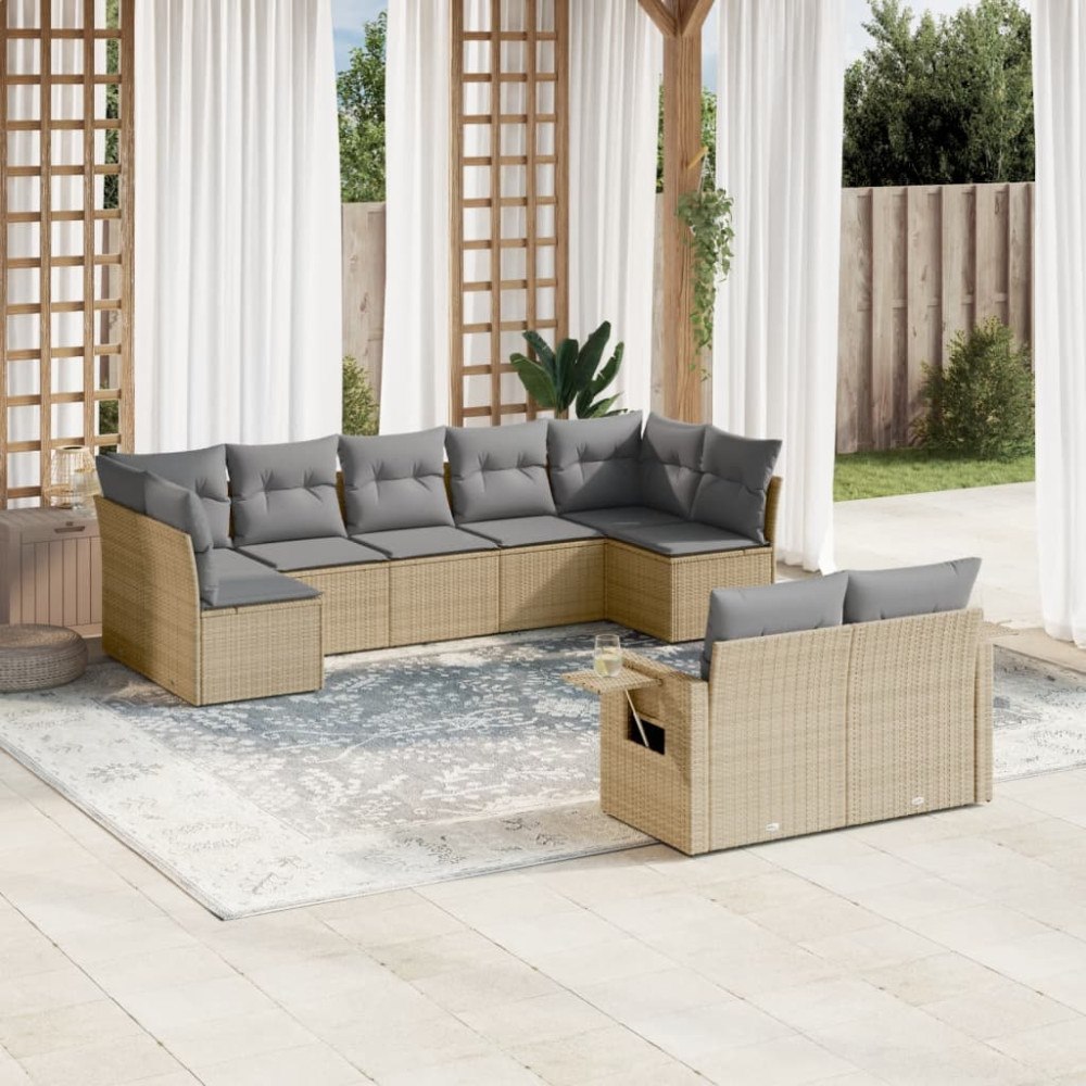 vidaXL Soffgrupp för trädgården med dynor 9 delar beige konstrotting