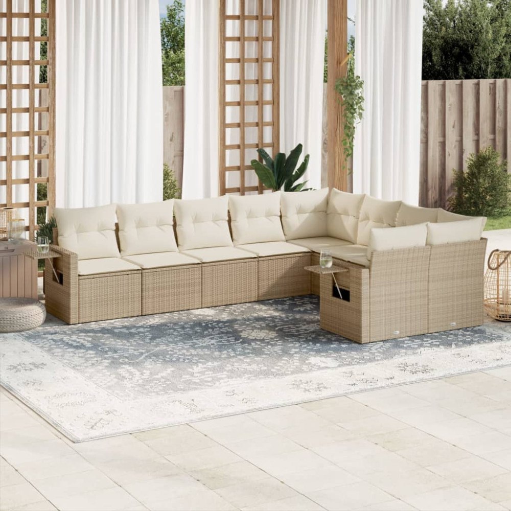 vidaXL Soffgrupp för trädgården med dynor 9 delar beige konstrotting
