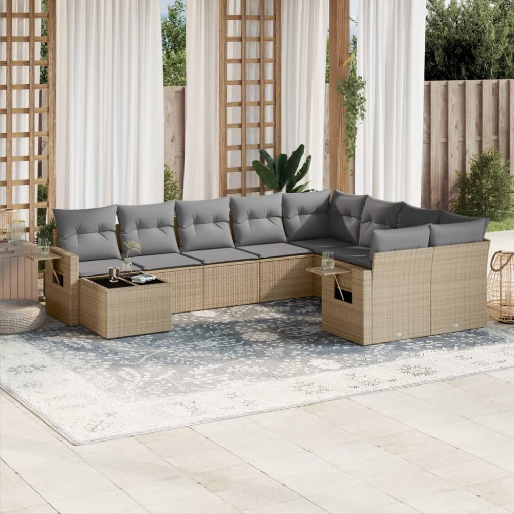 vidaXL Soffgrupp för trädgård med dynor 10 delar beige konstrotting
