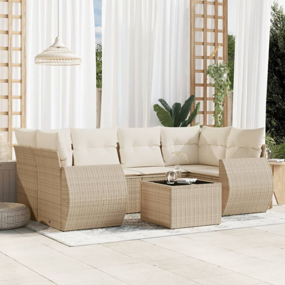 vidaXL Matgrupp för trädgården med dynor 7 delar beige konstrotting