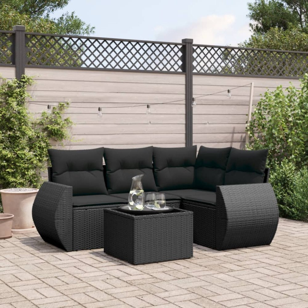 vidaXL Loungegrupp för trädgården med dynor 5 delar svart konstrotting